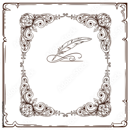 Elegant floral border with quill pen illustration