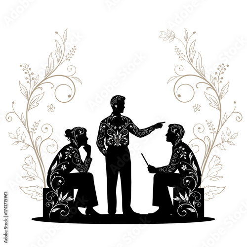 Group discussion with floral silhouettes on a plain background