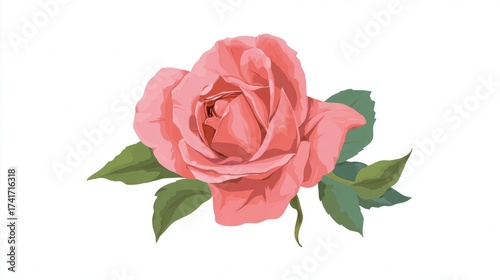 A beautiful vector illustration of a single pink rose in full bloom with green leaves, isolated on a white background.