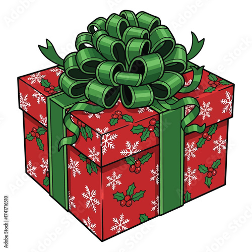 Red Christmas gift box with green ribbon and bow Keywords: Christmas gift, present, gift box.