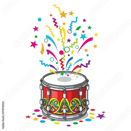 Red Drum with Exploding Confetti and Stars musical instrument.