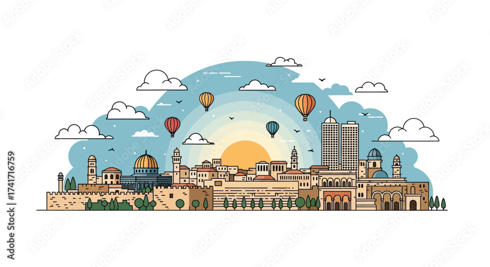 Naklejka premium A vibrant, flat-line illustration of the Jerusalem cityscape with famous landmarks and hot air balloons at sunrise.