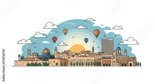 A vibrant, flat-line illustration of the Jerusalem cityscape with famous landmarks and hot air balloons at sunrise.