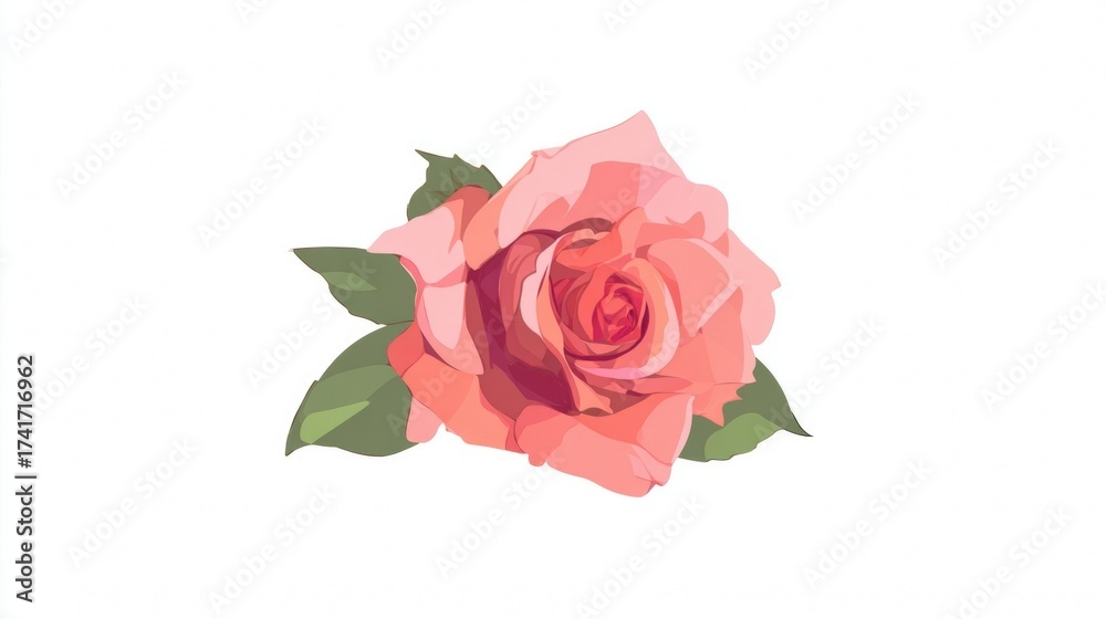 Fototapeta premium A single delicate pink rose bloom with green leaves on a white background.