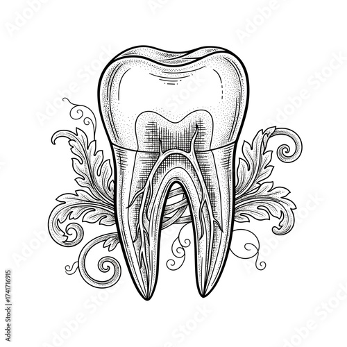 Tooth illustration with ornate floral design