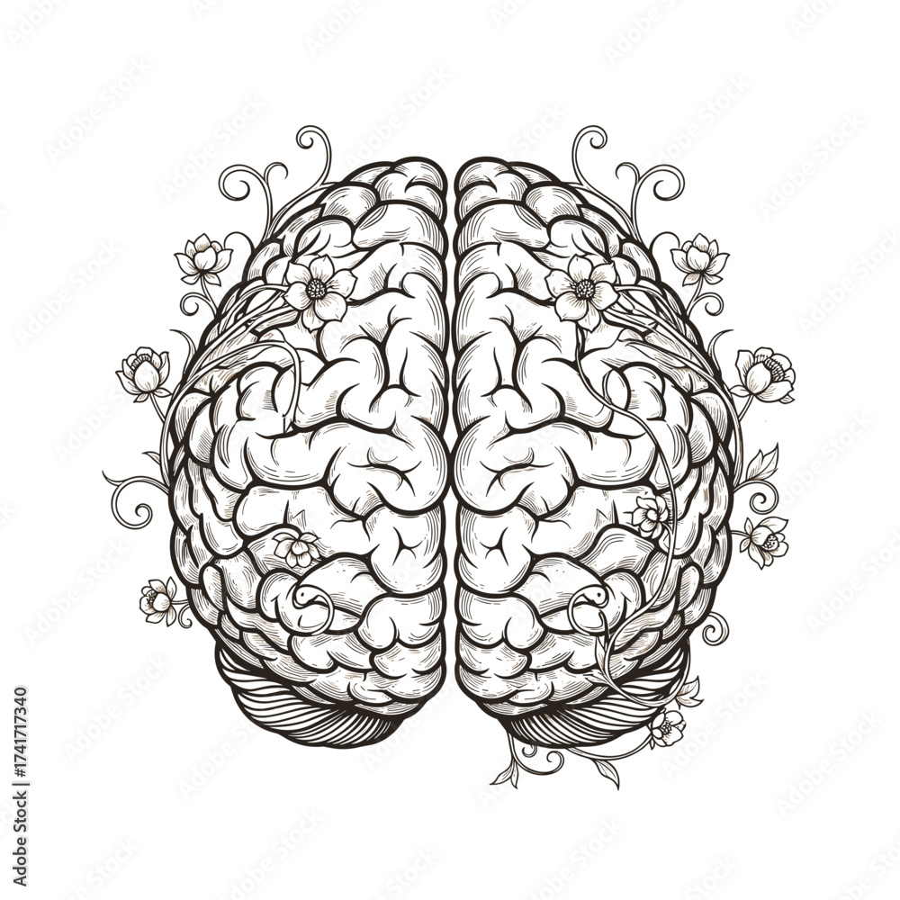 Fototapeta premium Decorative brain illustration with flowers and vines