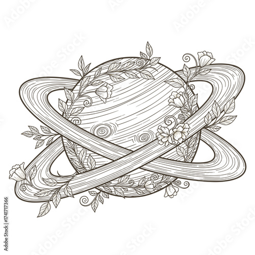 Floral planet design with rings and vines