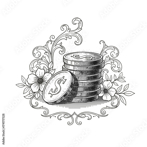 Decorative coins and flowers in vintage style