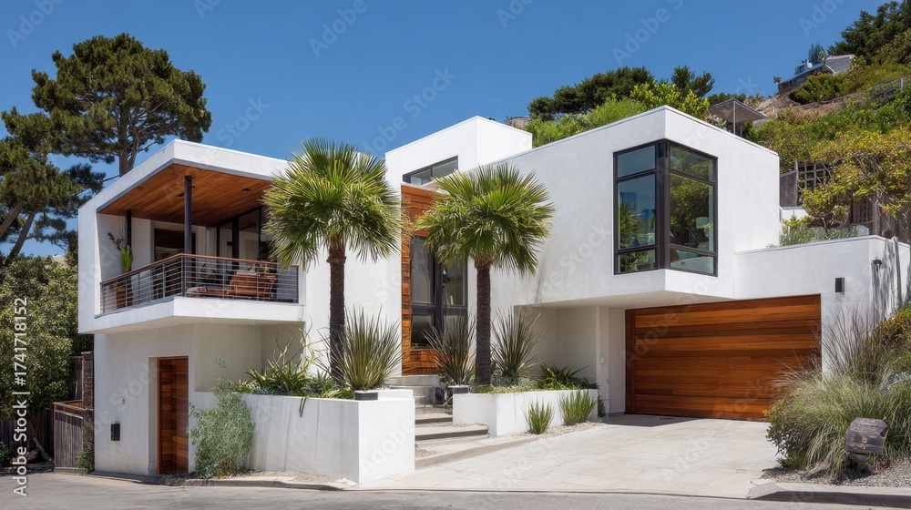 Fototapeta premium Modern home design with stunning architecture featuring palm trees and stylish elements in a bright, sunny environment