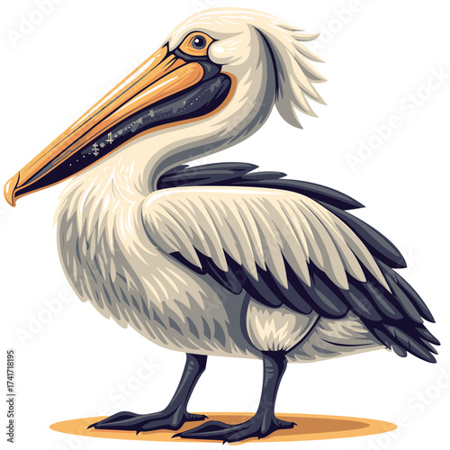 Pelican with a full beak in a stylized 2D vector art illustration, showcasing its unique features and vibrant colors