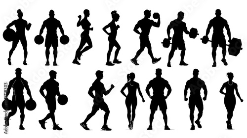 Collection of personal trainer silhouettes showing various fitness activities in 2D vector style