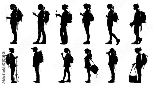 Collection of nurse silhouettes administering care in a modern hospital setting during the day