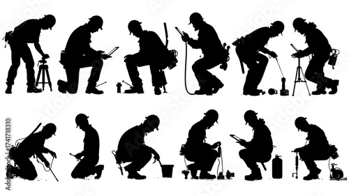 Collection of mechanic silhouettes engaged in various tasks during a workshop setting