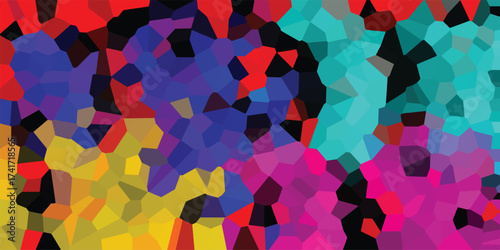 Vibrant abstract geometric mosaic with a kaleidoscope of bright, saturated colors including red, blue, yellow, pink, and turquoise polygonal shapes