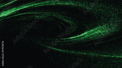A swirling pattern of green particles on a black background, creating a sense of motion and depth