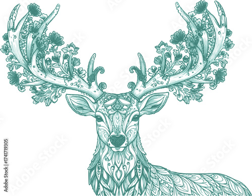 Monochrome reindeer background. Vintage Merry Christmas abstract texture reindeer with floral composition. EPS version.