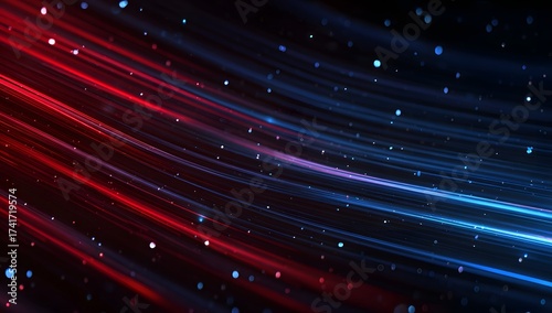 Abstract cosmic background with swirling red and blue light trails and shimmering particles against a dark starry expanse