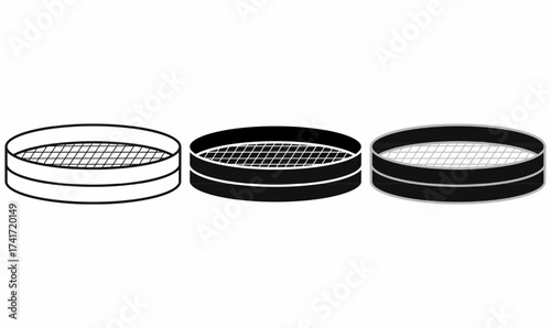 Set of three round laboratory sieves, fine mesh strainer, or sift, sieve line art, showing mesh surface and cylindrical frame. Ideal for science, testing, engineering, and educational design use