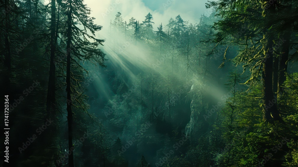Obraz premium Sunlight filters through misty evergreens in a serene mountain forest.