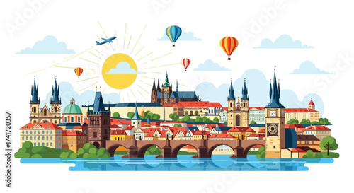 Prague skyline illustration with Charles Bridge, Prague Castle, and hot air balloons.