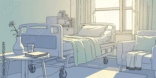 High-quality illustration of a hospital bed placed in a warm and cozy home setting. Created with clean lines, minimal details, solid colors, and smooth gradients for a modern look.