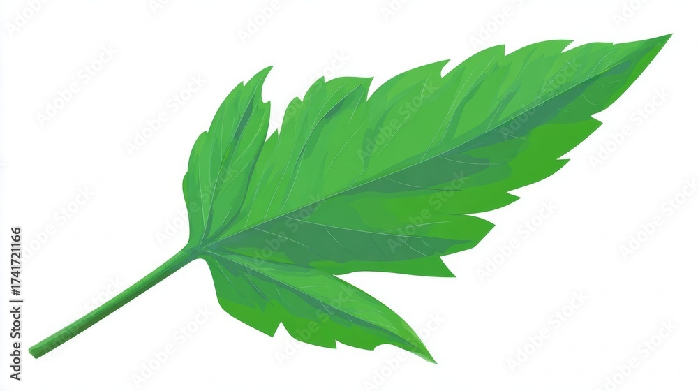 Obraz premium A vibrant green single leaf with a serrated edge and stem, digitally illustrated on a clean white background, representing nature's growth.