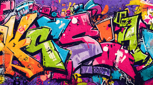 Vibrant graffiti art featuring colorful letters and abstract designs on a textured wall