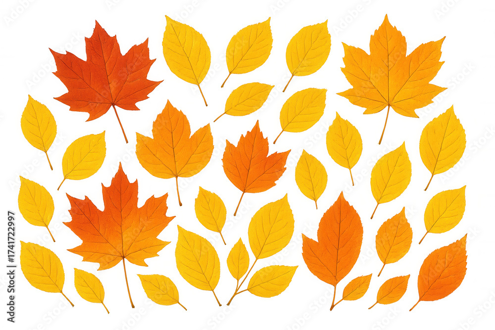 Obraz premium Autumn leaves falling, creating seasonal pattern with maple and yellow foliage on transparent background