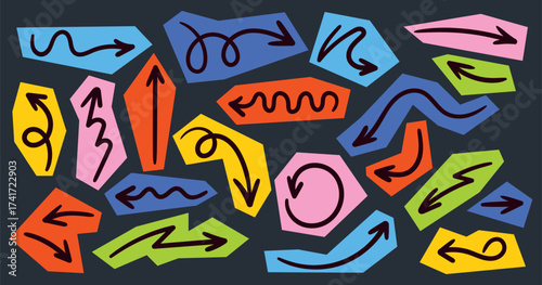 Colorful doodle arrow set on dark background. Bright hand-drawn vector arrows in geometric shapes. Fun decorative illustration for design and navigation.