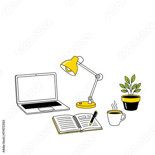 Cozy Workspace Laptop, Notebook, Coffee, Lamp, and Plant Illustration for Study and Creative Work