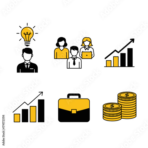 Comprehensive set of business concept icons depicting innovation, teamwork, financial growth, and professional tools for strategic success and development