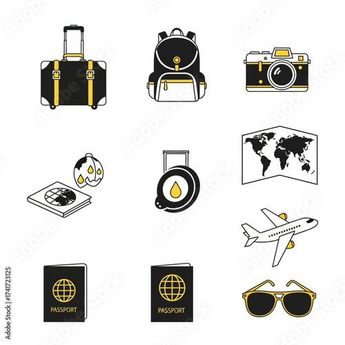 Set of essential travel and tourism line icons for planning a global journey, isolated on a white background