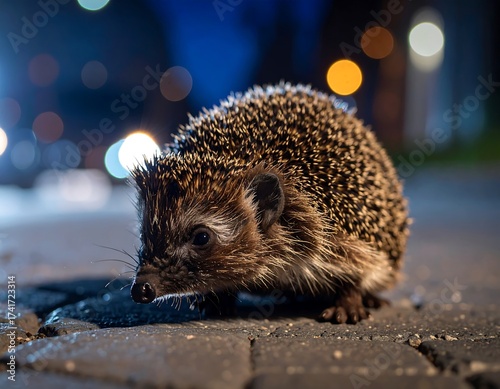 Fototapeta Naklejka Na Ścianę i Meble -  Small hedgehog on a city street at night