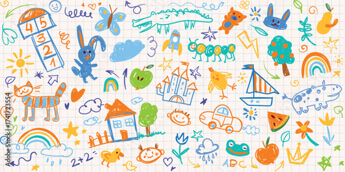 Colorful kids doodle set with animals, toys, rainbows and funny characters. Hand-drawn sketch illustration on notebook grid background for children design and decoration.