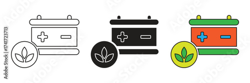 Natural technology battery icon set. Simple flat design natural battery technology vector icons.