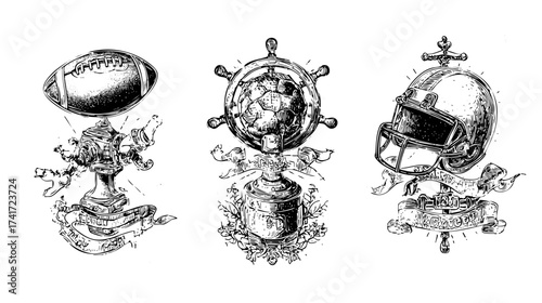 Illustration of football elements including a player, footballs, and a hand with a glove