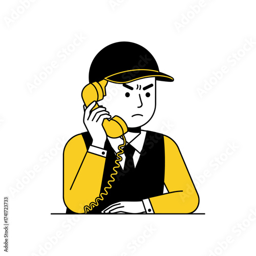 A cute noritake style character illustration of an angry young man having a frustrating phone conversation