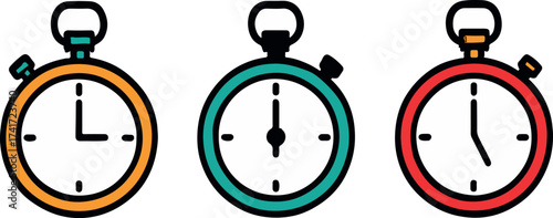 Three Colorful Stopwatches Representing Different Time Intervals and Deadlines For Project Management and Efficient Workflow