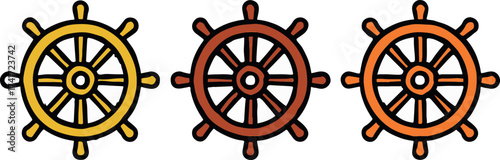Set of Three Colorful Nautical Ship Wheels Hand Drawn Style Isolated on White Background