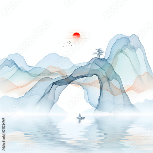 Abstract ethereal mountains with a red sun and tranquil water a lone boat sails