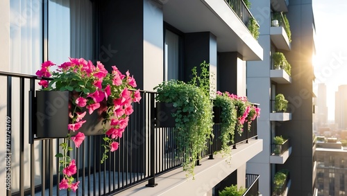 Balconies with flower boxes on a modern building exterior in sunlight.