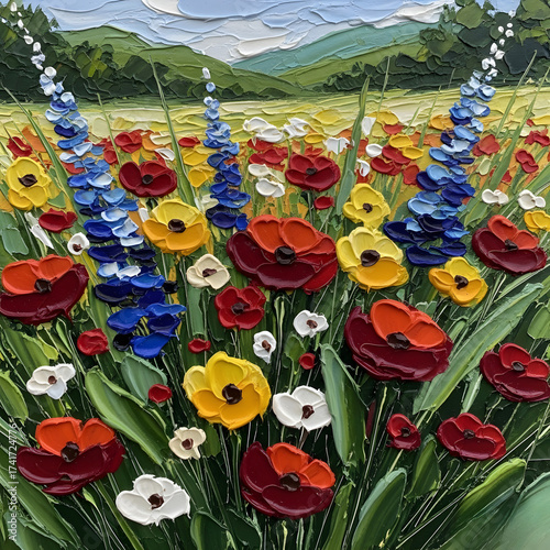 Textured oil painting of vibrant wildflowers including poppies and delphiniums in a lush green meadow