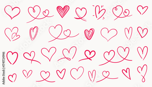 Hand drawn doodle hearts set. Cute romantic symbols for Valentines Day, wedding, love cards, decorations, and romantic design projects.