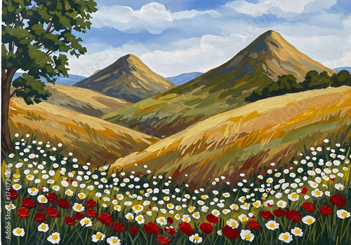 Impressionist painting of rolling hills with a foreground of red and white wildflowers under a blue sky with clouds