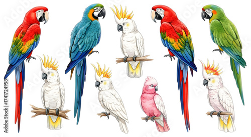 Collection of diverse parrots including macaws and cockatoos perched on branches