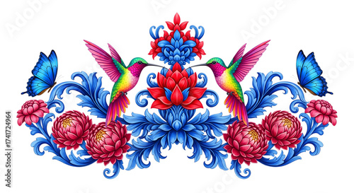 Two colorful hummingbirds flanking ornate blue floral scrollwork with pink chrysanthemums and blue butterflies