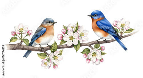 Two bluebirds perch on a blossoming branch adorned with delicate pink and white flowers