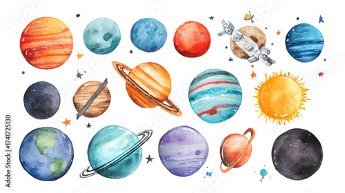 A colorful watercolor illustration of planets in the solar system, including Earth, Mars, Saturn with rings, and a spaceship, set against a starry white background