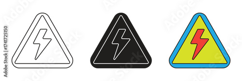 Electrical voltage warning triangle icon set. Electric power warning triangle vector flat design.
