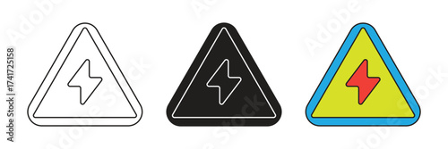 Electrical voltage warning triangle icon set. Electric power warning triangle vector flat icon